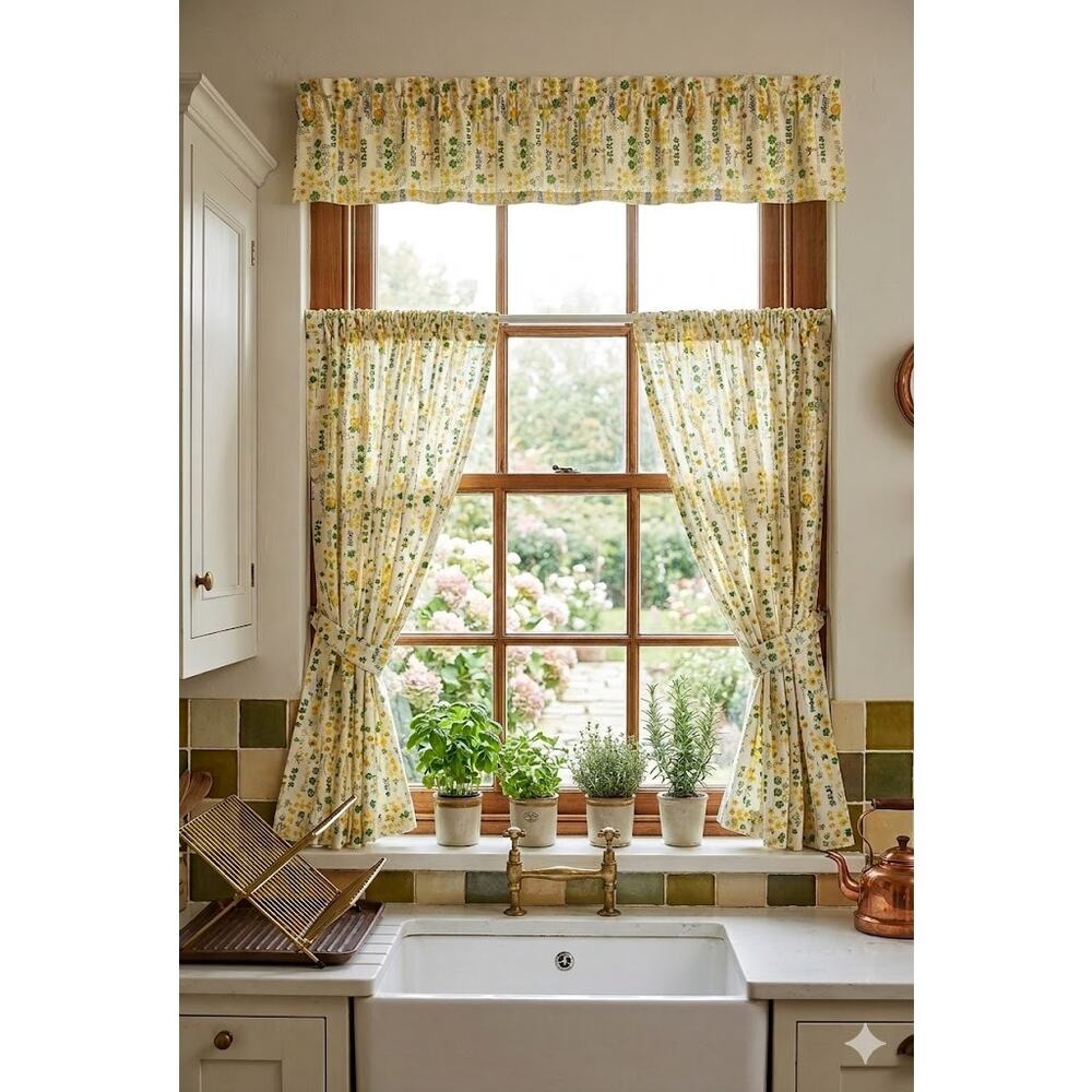 Vintage Curtain 3 panel Valance Handmade Yellow Green Whimsy Neighborhood Print